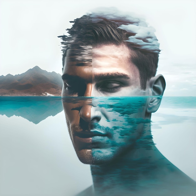 Man Face Mountain and Sea Generative AI Natural Water and Ocean Theme Nature Double Exposure Effect