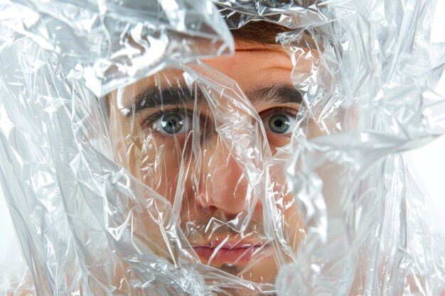 Photo man face in polyethylene isolated on white background