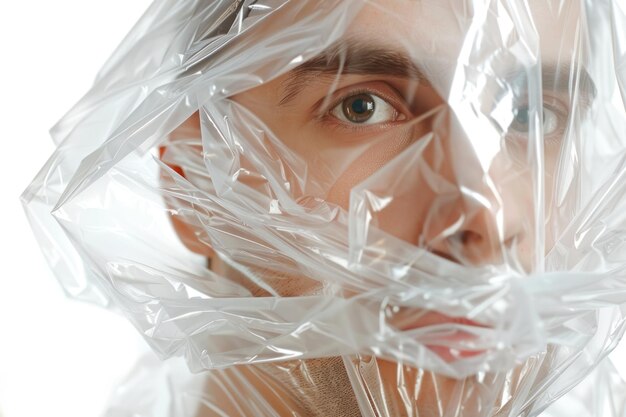 Photo man face in polyethylene isolated on white background