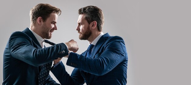 Man face portrait banner with copy space disagreed men colleague disputing and fighting aggressive