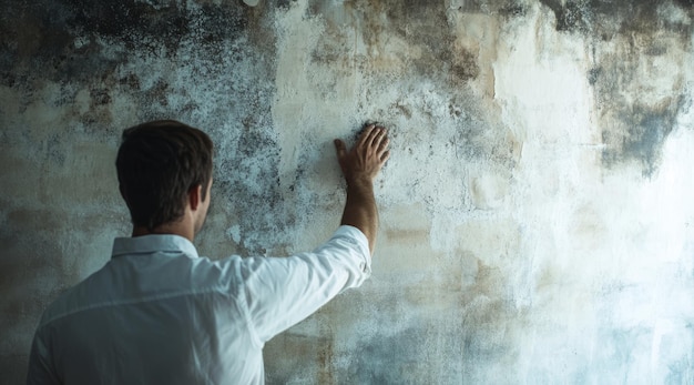 A man faces off against mold growing on a wall representing both struggle and decay