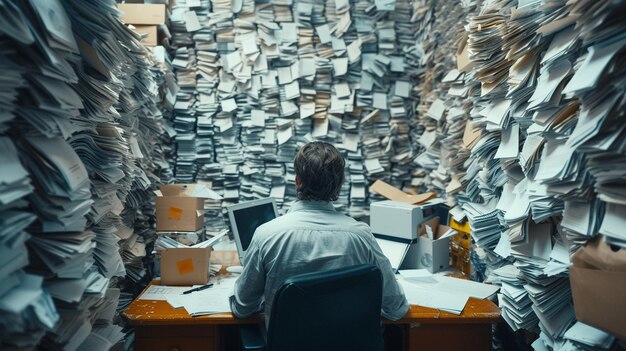 Photo man facing a daunting pile of paperwork in office