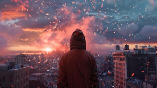 Man facing fiery skyline in a cityscape A thoughtprovoking scene of a man facing a dramatic fiery skyline over a cityscape perhaps signifying hope or change