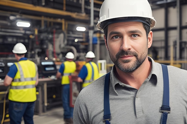 A man in a factory stands in front of other workers and equipment in the background