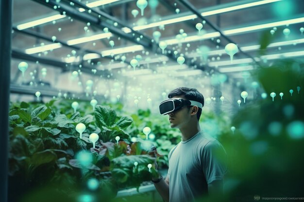 Photo a man in a factory with glasses that say virtual ai photo midjourney