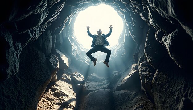 man falling down from a hole of light surreal concept isolated with white highlights