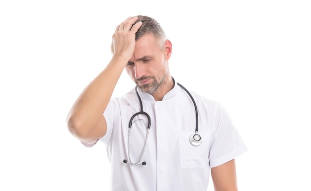 Man family doctor or nurse with stethoscope isolated on white having headache migraine and fever