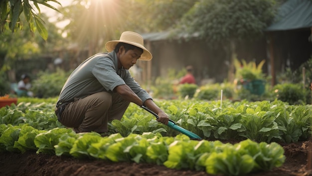 Man in farm with sunrise wallpaper Farmer in sunrise visuals Agricultural lifestyle scenes stock