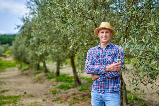 Man farmer with straw hat at olive plantation.