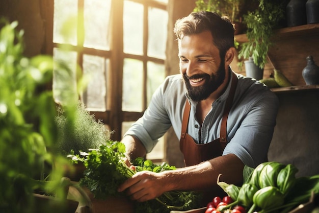 Man farming vegetables in his indoor garden