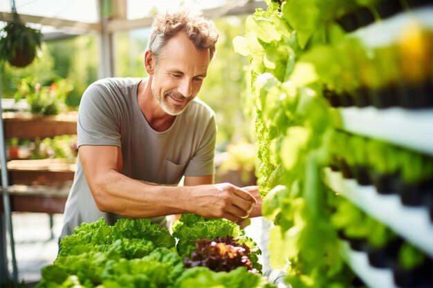 Man farming vegetables in his indoor garden