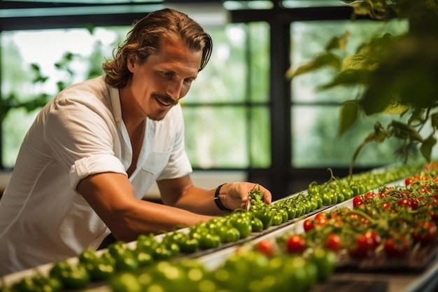 Man farming vegetables in his indoor garden