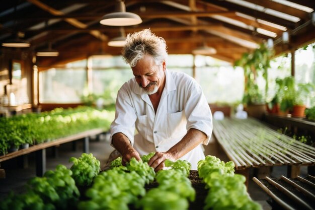 Man farming vegetables in his indoor garden