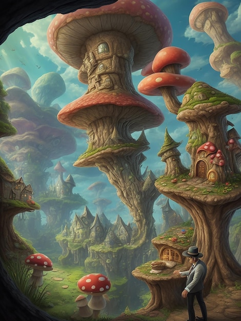 A man in a fedora admiring the view of a fantastical toadstoollike dwelling