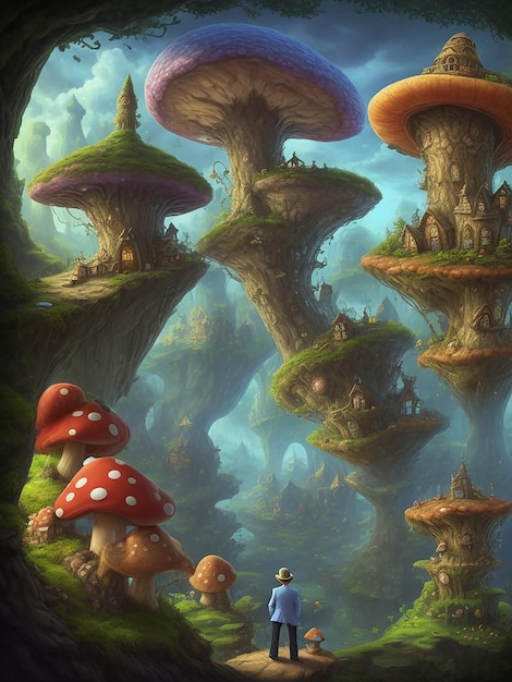 A man in a fedora admiring the view of a fantastical toadstoollike dwelling