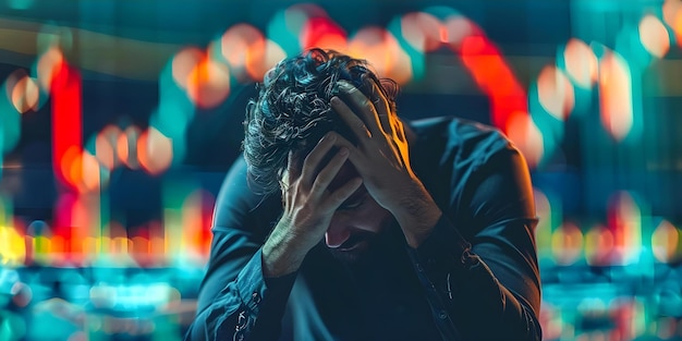 Man feeling anxious about financial losses from cryptocurrency stock market or NFT investments Concept Financial Anxiety Cryptocurrency Loss Stock Market Worries