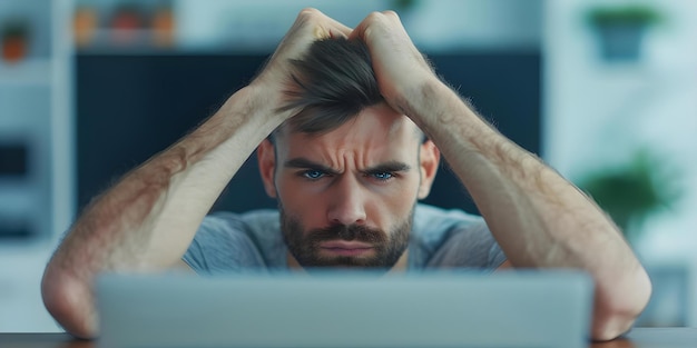 Photo man feeling frustrated at computer desk representing technology challenges and digital issues concept technology challenges digital frustration computer desk frustrated man