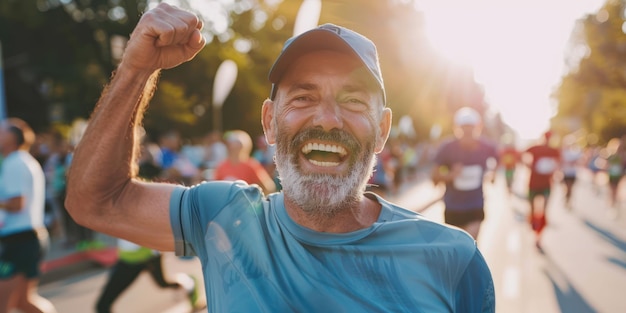 A man feeling proud and accomplished after completing a marathon