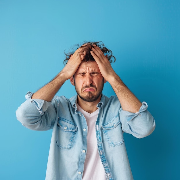 Photo man feeling stressed unhappy and frustrated blue monday concept