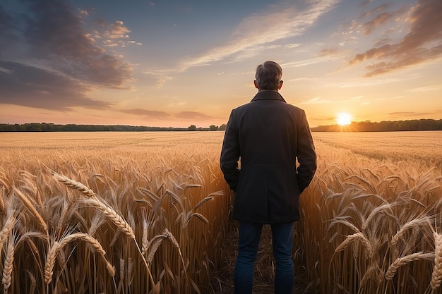 A man in a field of wheat looks at the sunset