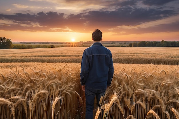 A man in a field of wheat looks at the sunset