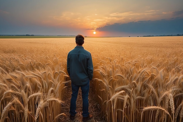 A man in a field of wheat looks at the sunset