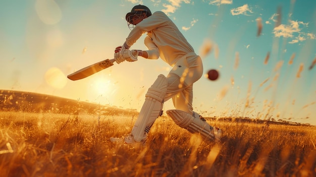 a man in a field with a cricket bat and the sun behind him