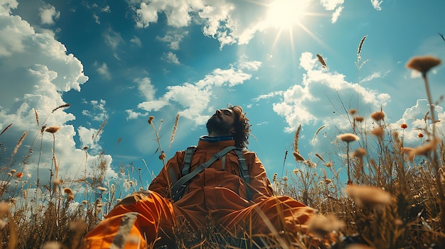 a man in a field with the sun shining through the clouds