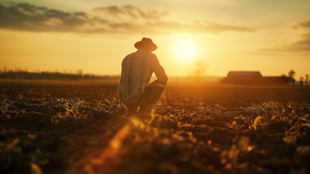 a man in a field with a sunset in the background