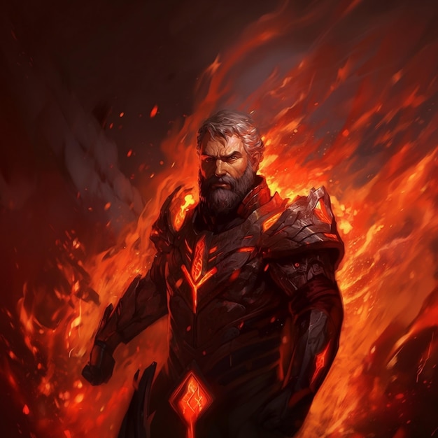 a man in a fire with a red background