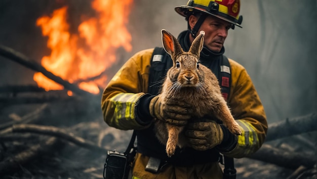 man firefighter holds a rescued hare in her arms wildlife