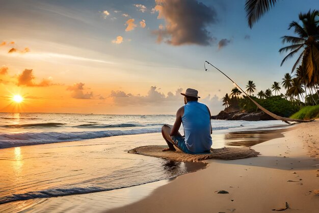 A man fishing on a beach at sunset