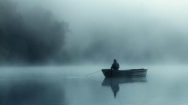 Photo man fishing in boat on foggy lake