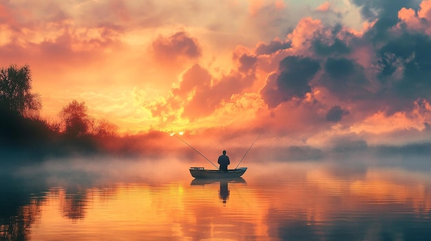 a man fishing in a boat on a lake with a sunset in the background