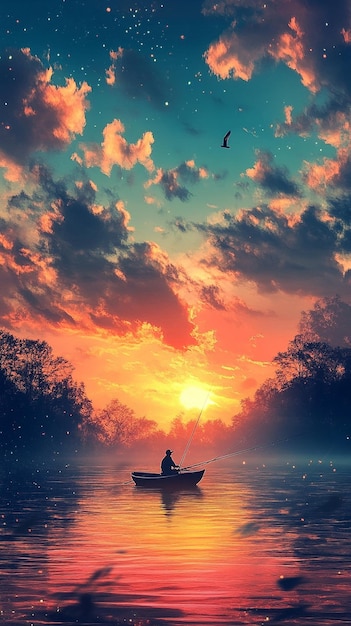 a man fishing in a boat at sunset