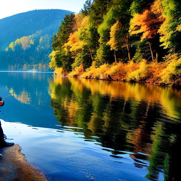 A man fishing in front of a mountain with a mountain in the background.