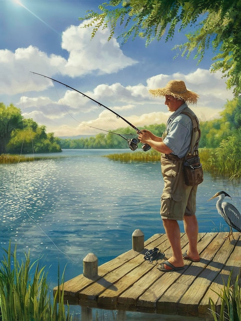 A man fishing on a lake on a wooden dock