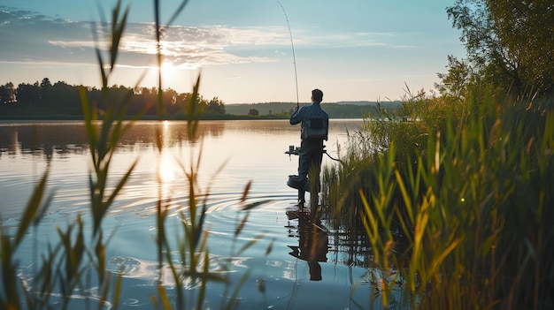 A man fishing at sunset casting his line into the water