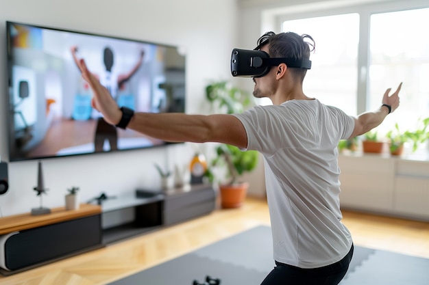 Photo man fitness enthusiast performing workout routine with ar in modern living room