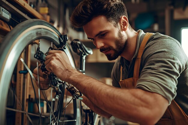 Photo man fixing bicycle in workshop