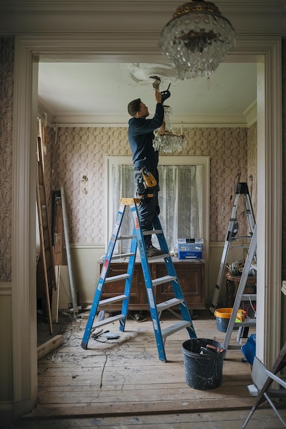 Photo man fixing ceiling in vintage home