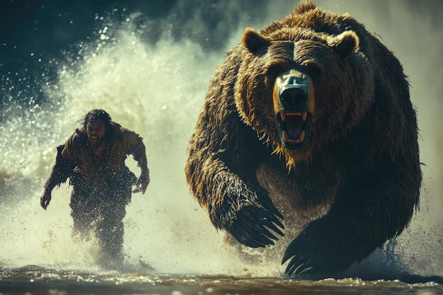 Photo man fleeing from roaring bear on a beach with crashing waves a dramatic survival encounter