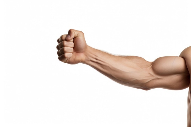 Photo man flexing arm hand white background bodybuilding