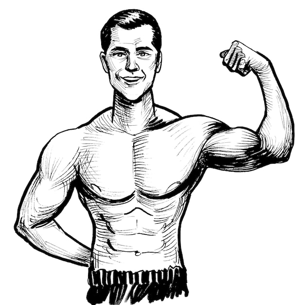 Man flexing biceps. Ink black and white drawing