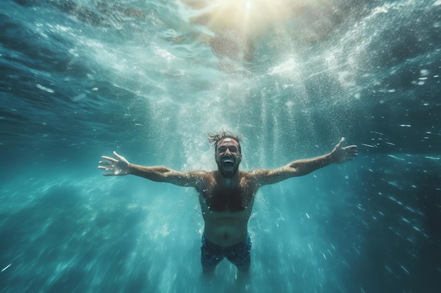 A man floating in the water with his arms outstretched