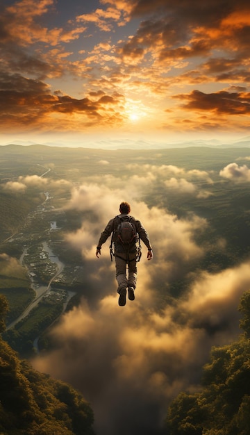 man Flying levitation jumping in sunset sky Lifestyle Travel concept outdoor