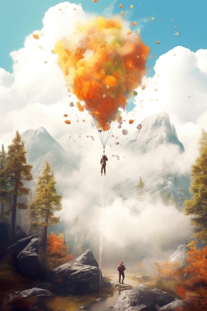 A man flying through the air while holding onto a parachute Generative AI image