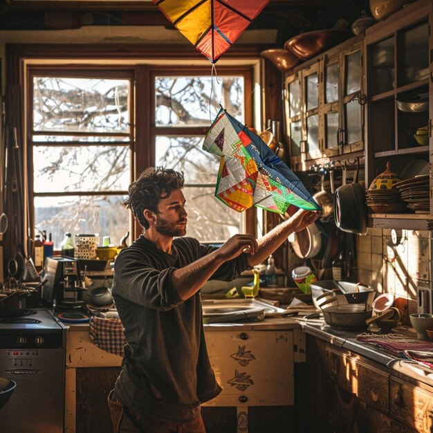 Photo man flying vibrant kite in a cozy kitchen setting