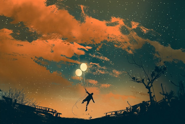 man flying with balloon lights at sunset,illustration painting