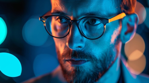 man focus with blue and red lights